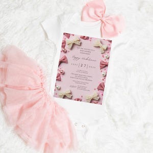 Elegant Editable Pink Confetti Pearl Bow Baby Shower Invitation Template, Baby Girl, Gender Reveal Baby Shower, Bow Theme, Pearl Invite