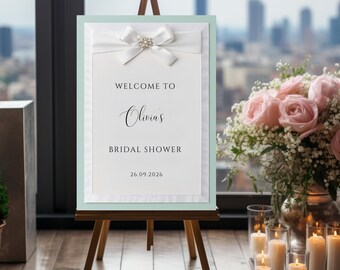 Elegant Editable Pastel Teal and White Bow Bridal Shower Welcome Sign Template, Bow Theme, Sign with Bow
