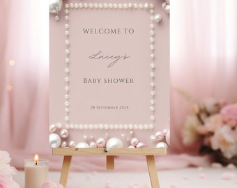 Elegant Editable Pink and White Diamonds and Pearls Frame Baby Shower Welcome Sign Template, Pearl Welcome Sign, Pink with Pearls, BS023