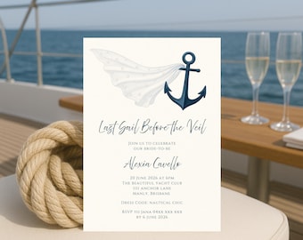 Elegant Editable Navy Last Sail Before the Veil Bachelorette Party Invitation Template W508, Nautical Theme, Yacht Party