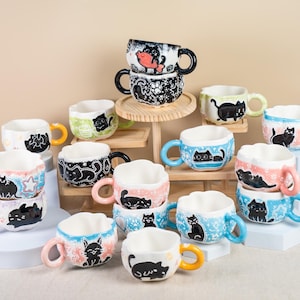 Tazas de café con forma de gato negro kawaii, tazas de café espresso hechas a mano con forma de huella de pata, estilo de dibujos animados, colores del arco iris, lindas tazas de agua con forma de gato, ideas para regalos de cumpleaños