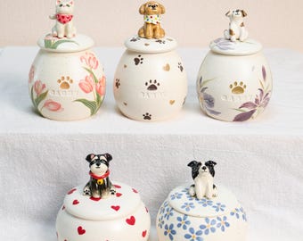 Custom Ceramic Pet Urn for Ashes - Personalized Dog or Cat Memorial Jar with Figurine&Clothe Handmade Forget Me Not Keepsake Pet Loss Gift