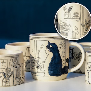 Ceramic Coffee Mugs with Cozy Home and Cat 17ounces Handmade Cat Mug Pottery Mug Cat Mug Great Valentines Day gift  birthday gift Y2K