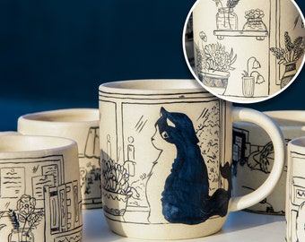 Tasses à café en céramique avec une maison confortable et un chat Tasse chat faite main de 17 onces Tasse en poterie Tasse chat Super cadeau de Saint-Valentin, cadeau d'anniversaire de l'an 2000