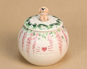 Custom Pink Wisteria Dog Figurine Pet Urn Personalized Cat Ceramic Jar Memorial Keepsake Display Pet Loss Memorial Pet Urn Special Gift