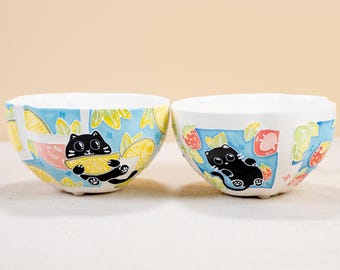 Cuencos de arroz de cerámica con forma de gato, regalo perfecto para una amiga, divertidos cuencos de sopa hechos a mano con estampados de fresa y limón, ideal para amantes de las mascotas.