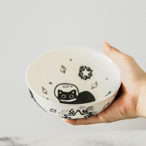 手描きの黒猫の陶器ボウル、ラーメンボウル、電子レンジ対応陶器、気まぐれな朝食とスナックボウル、猫好きの方へのプレゼントに最適