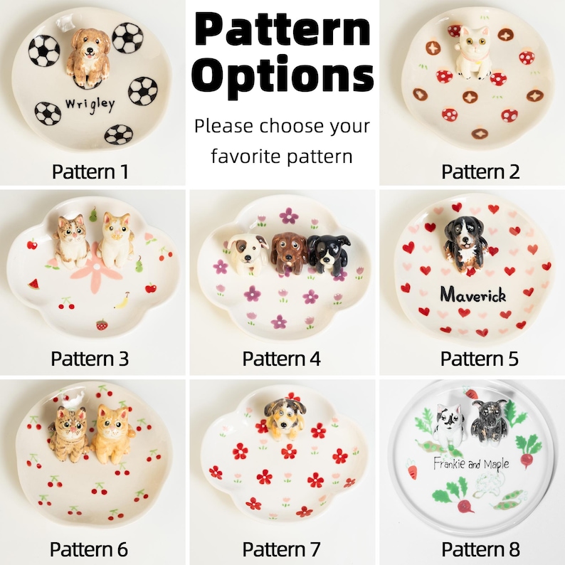 22 Patterns Custom Pet Ceramic Ring Dish Personalized Cat Figurine Ceramic Jewelry Holder Dog Lover Handmade Pet Lover Gift Trinket Dish Pattern 1-8