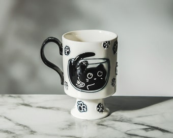 Handmade Black & White Ceramic Coffee Mug, Unique Patterned Cappuccino Cup, Housewarming Gift, Birthdays Gift, Thanksgiving Gift for Her