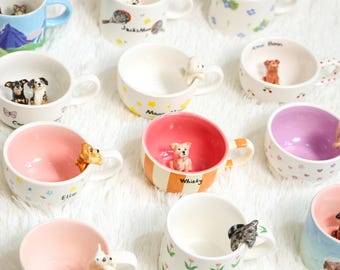 Taza personalizada para mascotas con 139 diseños, hecha a mano, de cerámica, con forma de gato y perro oculto en el interior, bonita figura de cerámica colorida, regalo para un amante.