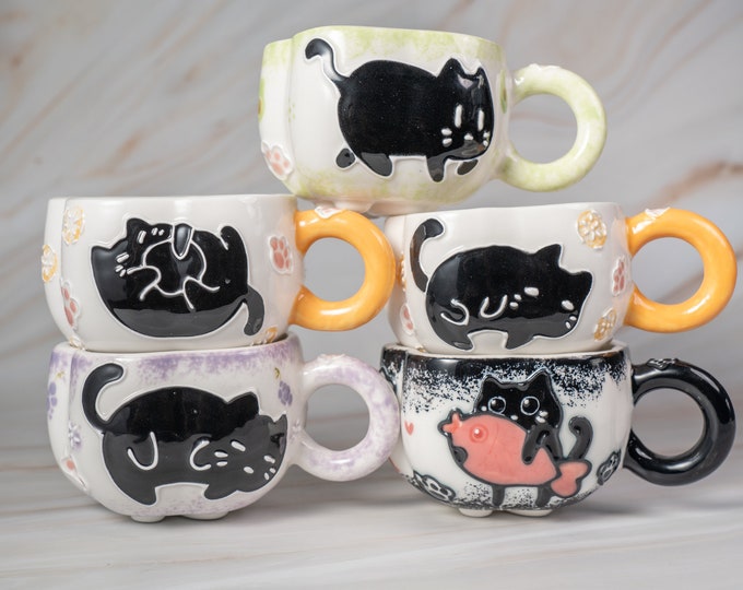 Whimsical Cat Paw Ceramic Mug | Adorable Hand-Painted Black Cat Design | Unique Collection of 5 Styles | Perfect Gift for Cat Lovers