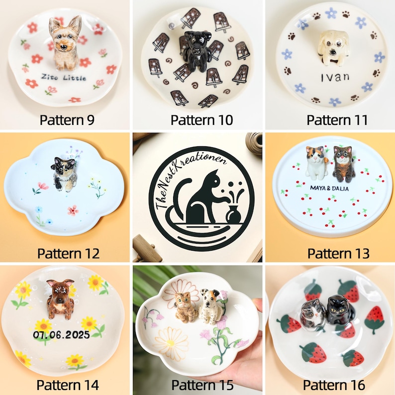 22 Patterns Custom Pet Ceramic Ring Dish Personalized Cat Figurine Ceramic Jewelry Holder Dog Lover Handmade Pet Lover Gift Trinket Dish Pattern 9-16