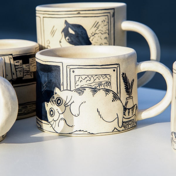 Ceramic Coffee Mugs with Cat Line Art Gift for Cat Lovers, Comfort Grip Nature Lover Gift, kawaii kitty design