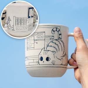 Schattige kat koffiemok ontspannen kat 17oz handgemaakte kattenmok aardewerk mok kattenmok geweldig Moederdag cadeau verjaardagscadeau Y2K huisdier minnaar cadeau Genz