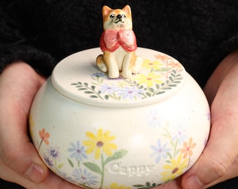 Custom Wildflower Dog Urn Ceramic Pet Ashes Jar Handpainted Figurine Lid Pastel Floral Memorial Keepsake Pet Loss Gift Home Decor Display