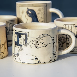 Handpainted Mug With Shy Cat For Valentine&#39;s Day For Couple, Kawaii Room Decor Ceramic Mugs Housewarming Gifts For Her For Cat Lover