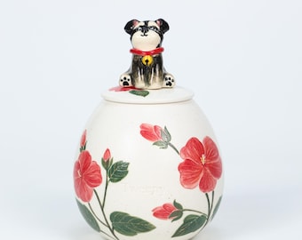Custom Hibiscus Flower Pet Memorial Urn Handmade Personalized Forget me not Urn Handpainted Cat Urn Ceramic Cat Jars Pottery Urn for Ashes