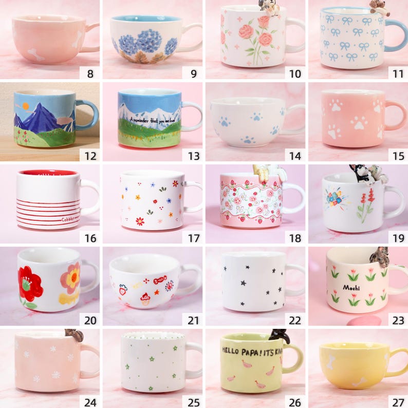 May include: A selection of ceramic mugs in various colours and designs. Some mugs feature floral patterns, paw prints, or text. Others have decorative elements like small animal figurines. Measurements are not available.