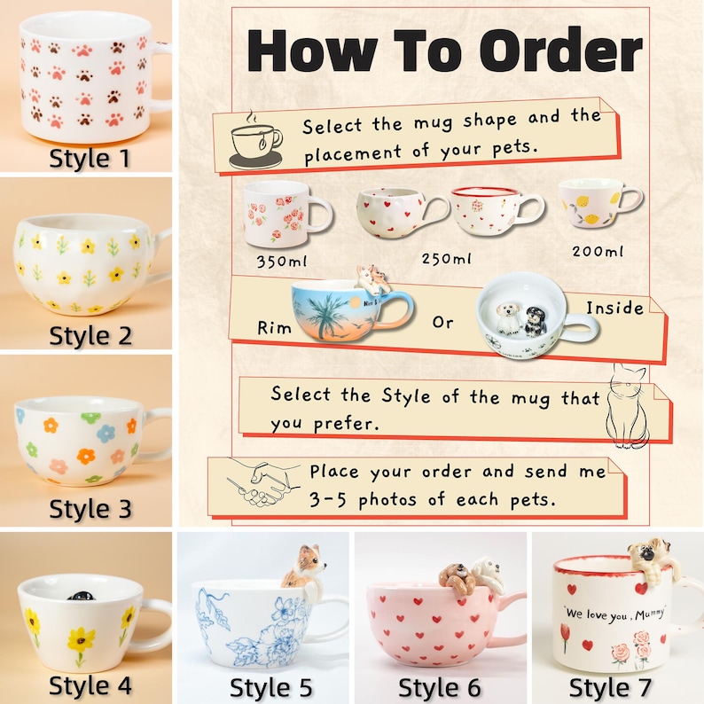 May include: A range of ceramic mugs with diverse designs, such as paw prints, floral patterns, and heart shapes. The mugs come in various styles, with options for pet placement and customisation.