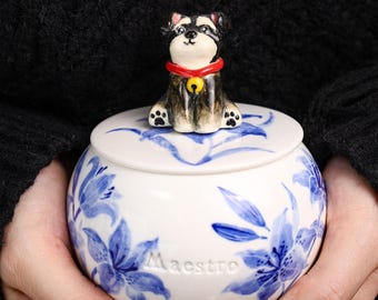 Custom Blue&White Lily Flower Ceramic Pet Urn Handpainted Dog Memorial Pottery Jar Personalized Cat urn for Ashes Floral Keepsake for Lovers