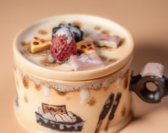 Chocolate Cake Mug Handmade Dessert Mug Handpainted Strawberry Mug Modern ceramic mug Boho home decor lady gifts Coquette creamy mug Y2K