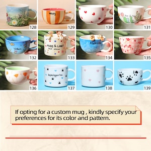 May include: A selection of ceramic mugs with diverse designs. Some mugs display floral, cactus, and heart patterns. Others have text such as "Whisky", "HUBE & LINDT", and "Gilbert". The mugs are available in various colours and styles.