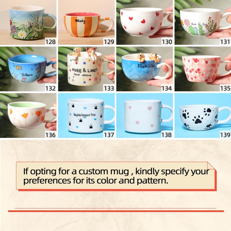 May include: A selection of ceramic mugs with diverse designs. Some mugs display floral, cactus, and heart patterns. Others have text such as "Whisky", "HUBE & LINDT", and "Gilbert". The mugs are available in various colours and styles.