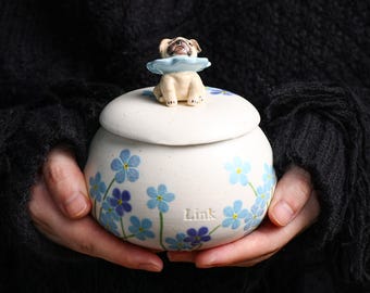 Forget me not pet urn Custom Blue flower dog urn Personalized Ceramic Urn for Ashes Handmade Memorial Unique Pottery Urn Handpainted Cat Jar