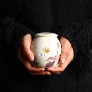 May include: White ceramic pet urn with a floral design and a paw print. The urn has a lid and is inscribed with the word "Daisy".