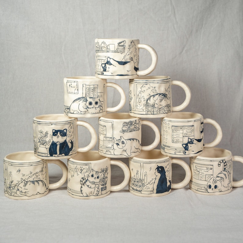 Cute Cat Coffee Mugs Handpainted 330Ml Cat Mug Cartoon Mug Cat Mug Great Mother's Day gift birthday gift Housewarming gift Housewarming Gift image 1