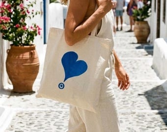 Evil Eye Tote Bag, Blue Heart Charm Bag, Greece Inspired Tote, Mediterranean Beach Bag, Cotton Canvas, Black or Natural