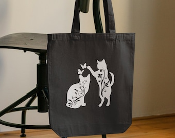 Bolsa de algodón con gatos juguetones, regalo para amantes de los gatos, bolsa negra con gatos, dos gatos jugando, regalos adorables para gatos, regalos para mamás gatas