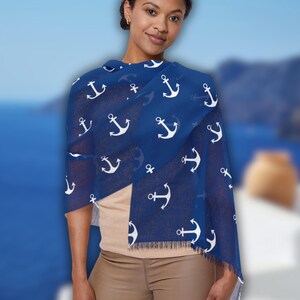 Nautical Scarf, Lightweight Scarf Summer Anchor Design, Blue White Womens Scarf Beach Sea Yacht Accessories, Gift for Wife, Maritime Scarf
