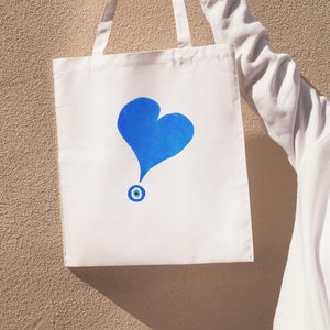 Eye Tote Bag, Greece Inspired Bag Bag Blue Heart Charm, Cotton Tote Bag in Black and White with Evil Eye Protection Design, Summer Handbag