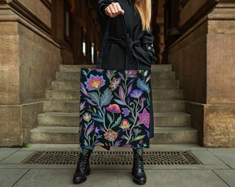 Black Floral Tote Bag- Tote Bag Black Handle- Black Shoulder Bag Flowers- Wildflowers Bag- Mini Tote Bag- Medium Bag- Large Tote Bag Flowers