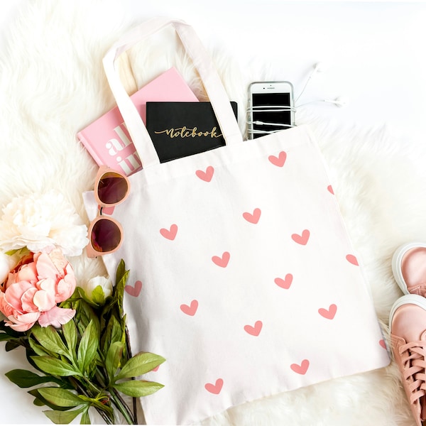 Pink Hearts Tote Bag- Romantic Tote Bag- Sweetheart Design Tote Bag Small Medium Large- Reusable Tote Bag- Gift for Her- Hearts Bag