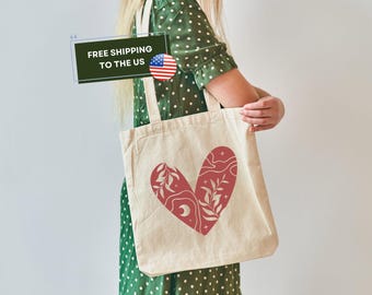 Boho Heart Tote Bag, Black Tote Bag with Red Heart, Cotton Tote Bag Heart in Natural and Black, Cotton Canvas Tote Bag, Aesthetic Tote Bag