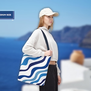 Blue Aesthetic Bag, Tote Bag in Blue and White Inspired by Greek Summer, Navy Blue Handle, Available in 3 Sizes, Greek Gift, Santorini Bag