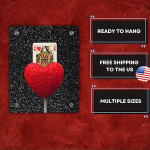 Queen of Hearts Wall Art, Preppy Wall Art, Queen of Hearts Art, Funky Wall Print, Playing Card Print, Red Heart Black Glitter Background