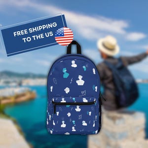 May include: A blue backpack with a white and blue pattern of stylized figures. The backpack has a zippered pocket on the front and adjustable straps.