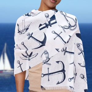 Nautical Anchor Scarf: Navy Blue & White Lightweight Shawl