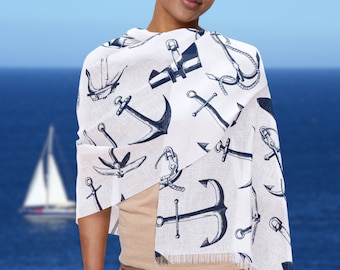 Nautical Anchor Scarf: Navy Blue & White Lightweight Shawl