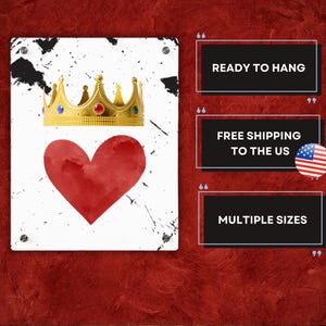 Queen of Hearts Art, Funnky Wall Print, Queen of Hearts Wall Art, Heart Crown Art, Preppy Room Decor, Trendy Bold Red Heart and Gold Crown