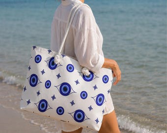Evil Eye Tote Bag: Greek Inspired Weekender Bag