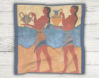 Minoan Scarf, Greek Mythology Square Scarf with Figures, Grecian Art Foulard, Accessory Inspired by Ancient Greek Art, Small and Large Scarf