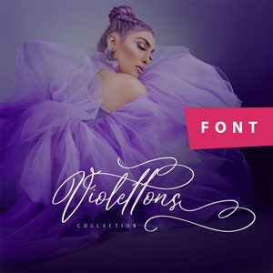 May include: A white cursive font called "Violettons Collection" on a purple background. The word "FONT" is in a red box.