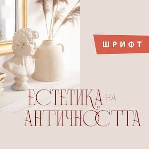 May include: A white plaster bust of a man with a red background behind it. The text "ШРИФТ" is in red on a white rectangle. The text "ЭСТЕТИКА НА АНТИЧНОСТИ" is in brown on a white background.