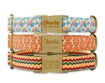 Retro 70s, Floral, Orange  Personalized dog collars with name , 1 inch wide, Handmade in USA