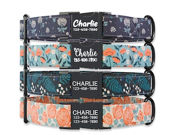 Girl dog collars, Peach Rose Floral, wild flower Personalized dog collars with name , 1 inch wide, feminine collar