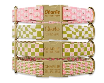 Retro Floral Dog collar w/ metal buckle, HAND MADE,  Personalized Collar, 1" inch wide, Matching leash, 70's , checkers